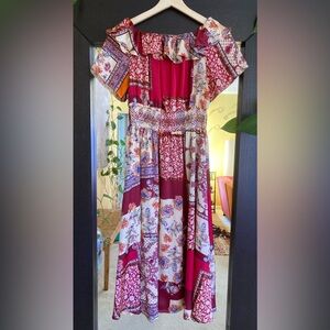 Lapis Boho patchwork flare dress medium women's